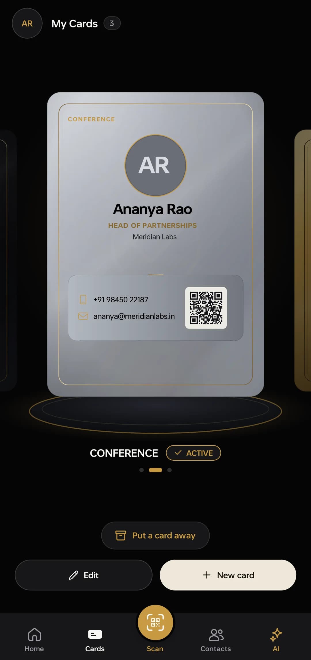 A Connect card on a phone — the conference material, with its QR code.