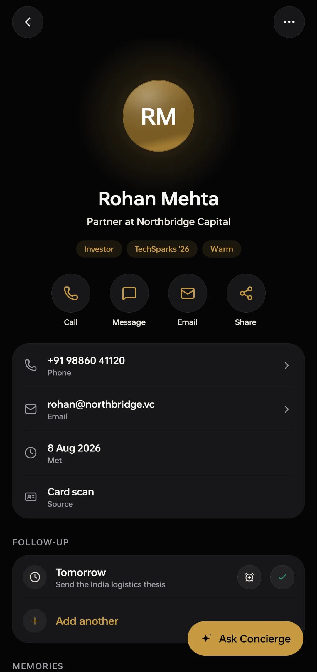 The same person in Connect: his name and title, the company, the date you met, that the record came from a card scan, and a follow-up reminder to send the India logistics thesis.