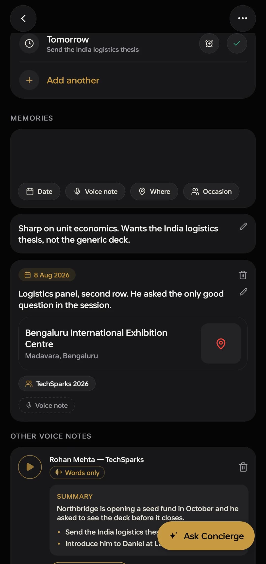 Connect holding one person's record: a reminder to send the India logistics thesis tomorrow, a note about what he actually wanted, a dated memory with the venue and the event it happened at, and a voice memo turned into a summary with its action items.