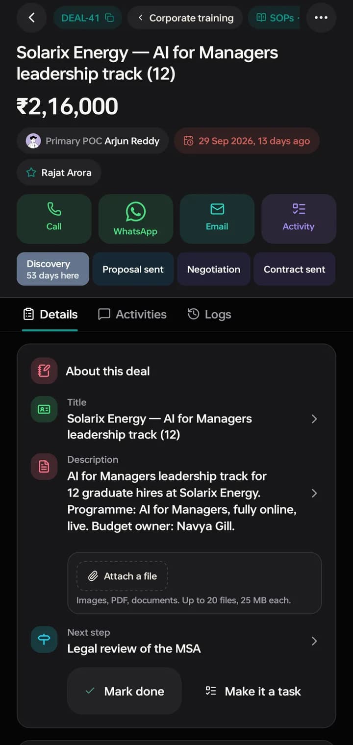 A deal on the phone: its value, primary contact, stages, and the next step