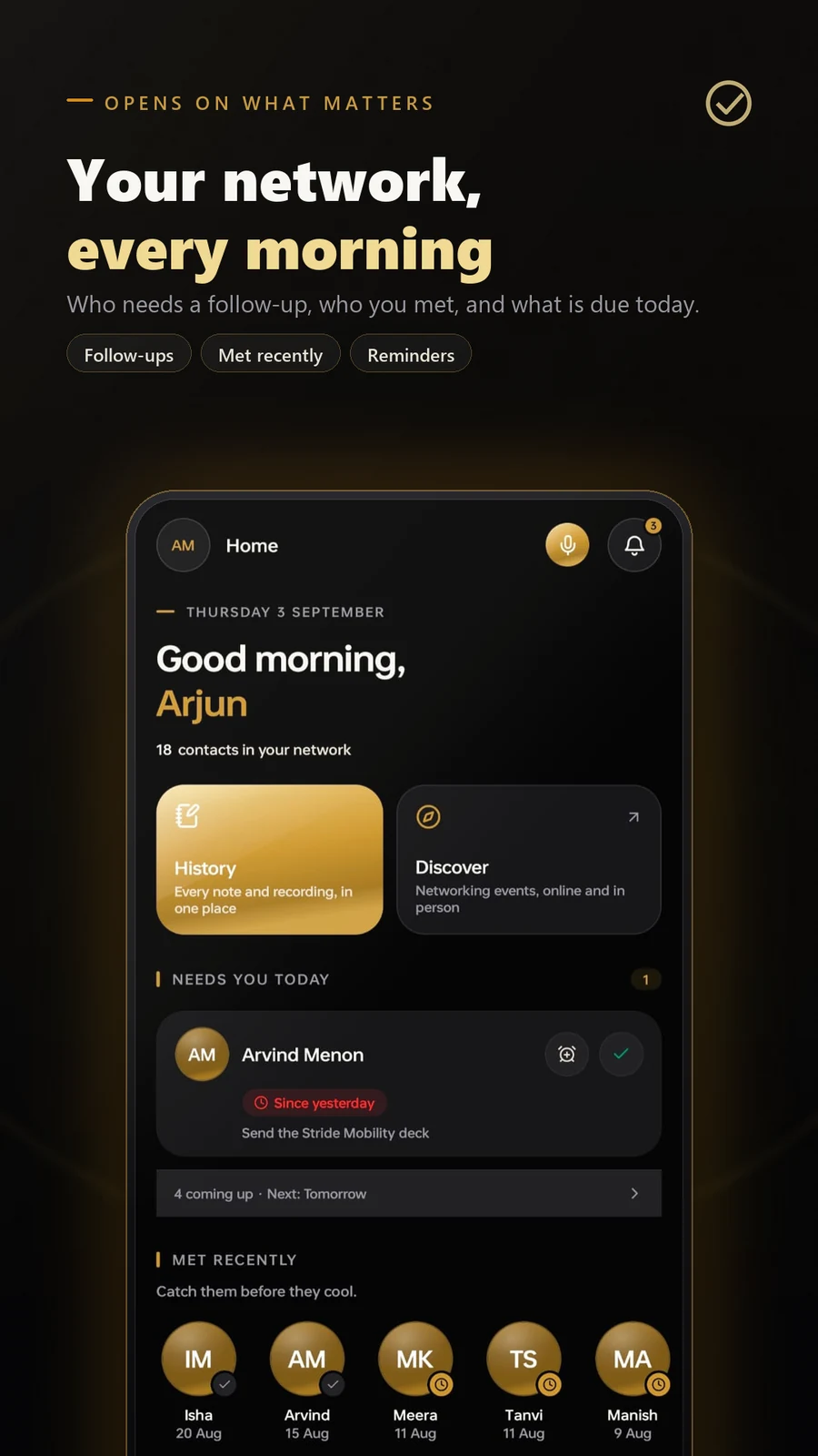 Home dashboard with recent connections and follow-ups