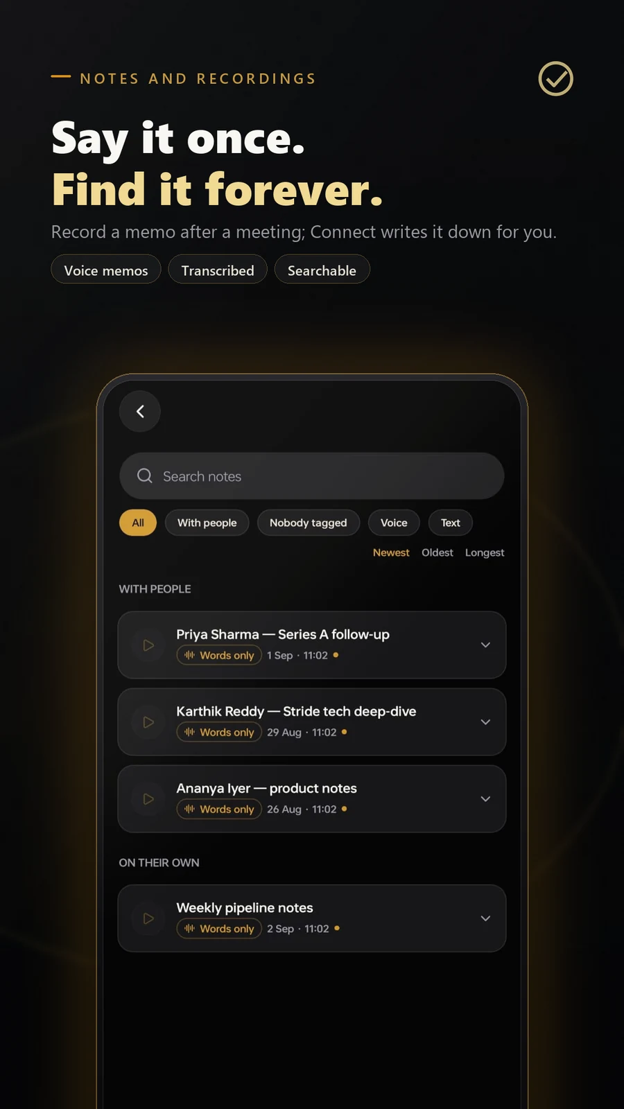 Notes and voice recordings organized by contact